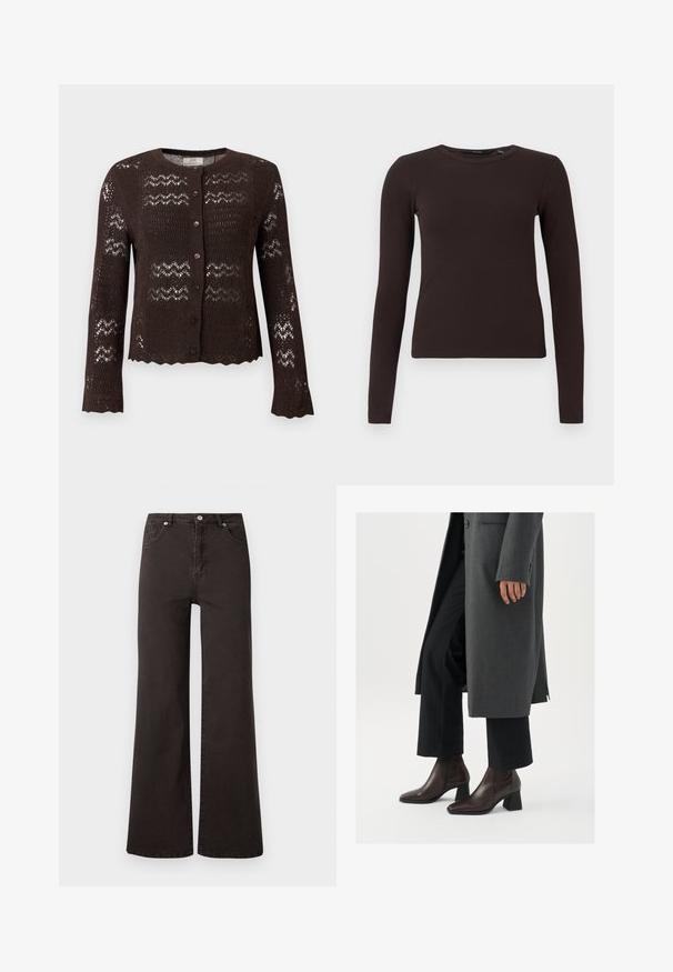 Cardigan en maille marron foncé à manches longues avec fermeture à boutons sur le devant, avec des bords festonnés et un motif ajouré façon dentelle.; Haut à col rond à manches longues côtelé, marron foncé, avec une silhouette ajustée, présenté sur un fond blanc uni.; Jeans noirs à jambes larges en denim avec une taille haute, comportant cinq poches et une fermeture à bouton. Texture lisse, design minimaliste.; Bottines à talons hauts en cuir marron foncé avec un bout pointu et un talon carré, associées à un pantalon noir et un manteau gris.