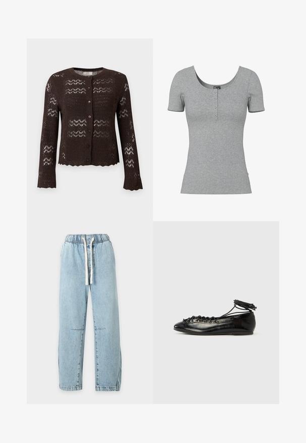 Cardigan en maille marron foncé à manches longues avec fermeture à boutons sur le devant, avec des bords festonnés et un motif ajouré façon dentelle.; Haut gris côtelé à manches courtes avec un col rond en U et quatre petits boutons en ligne au centre devant.; Pantalon en denim bleu clair avec taille élastique et cordon blanc, jambes droites et détails subtils sur les coutures aux genoux.; Ballerines en cuir verni noir avec un bout rond, un design à lacets et une semelle plate. Texture lisse avec peu de détails.
