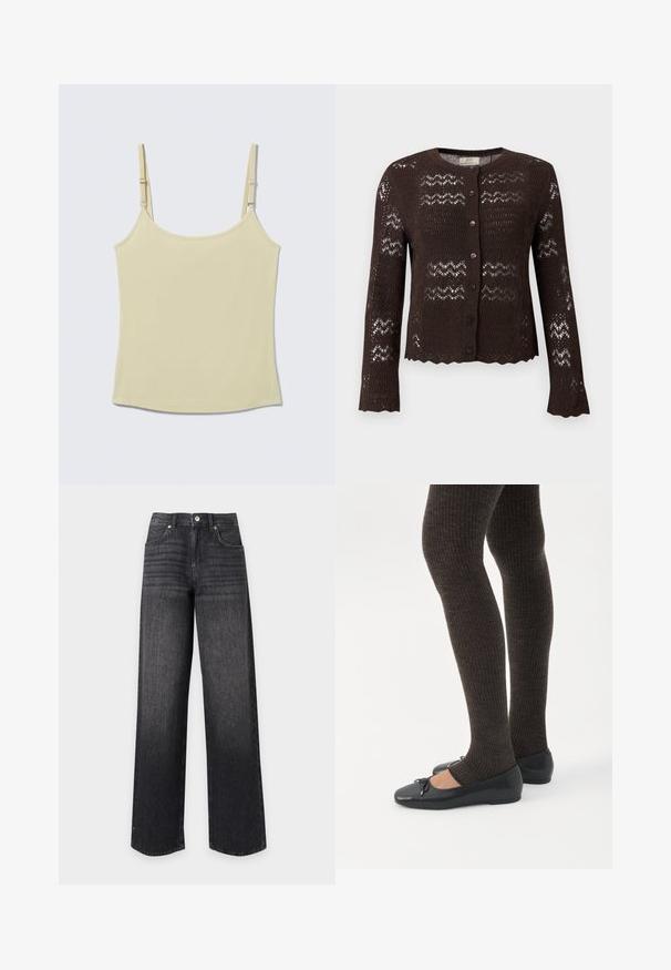 Dark brown long-sleeve knit cardigan with button front, featuring scalloped edges and lace-like patterned openwork design.; Light yellow ribbed camisole with adjustable thin shoulder straps, straight hem, laid flat on a neutral background.; High-waisted straight-leg black denim jeans with front pockets, belt loops, button, and zip closure on a white background.; Legs wearing dark ribbed leggings paired with black ballet flats featuring small bow details on a white background.