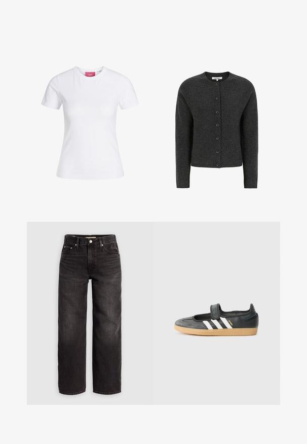 Soft Rebels WEST - Vest - charcoal melange; Witte, nauwsluitende T-shirt met korte mouwen en ronde hals, met een roze JJXX-label aan de binnenkant van de kraag, afgebeeld tegen een effen achtergrond.; Levi's® BAGGY DAD - Baggy jeans - shrink up; Zwarte leren en suède sneaker met een klittenbandsluiting, voorzien van drie witte strepen en een gumzool, met de naam "SAMBA" aan de zijkant.