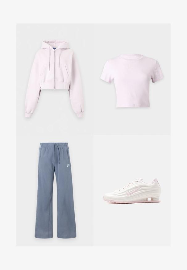 Sweat à capuche court rose clair avec fermeture éclair, poches avant, cordon de serrage à la capuche et poignets côtelés, présenté sur un fond uni.; T-shirt court Nike rose clair avec manches courtes et petit logo Nike swoosh blanc centré sous l’encolure.; Pantalons de survêtement Nike en polaire bleu clair avec taille élastique, cordon de serrage, jambes larges et logo blanc sur la cuisse gauche.; Chaussure de sport basse blanche et rose clair avec empeigne texturée, logo Nike swoosh rose et amorti transparent au talon.