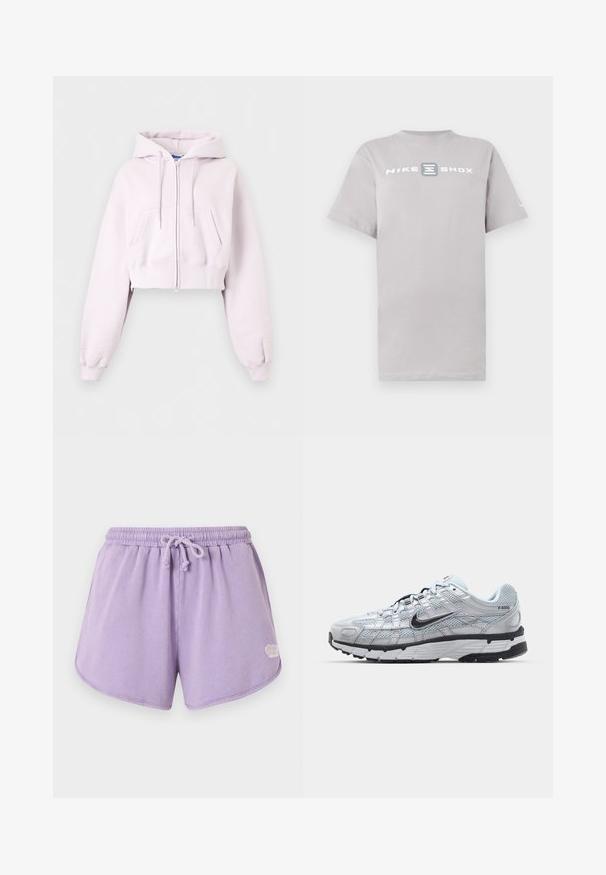 Sweat à capuche court rose clair avec fermeture éclair, poches avant, cordon de serrage à la capuche et poignets côtelés, présenté sur un fond uni.; T-shirt en coton gris clair avec col rond et manches courtes, arborant l'inscription "NIKE SHOX" en lettres blanches majuscules sur la poitrine.; Shorts en éponge lilas doux avec taille élastique et cordon de serrage, ourlet arrondi, et petit logo blanc sur le côté inférieur droit.; Baskets Nike P-6000 avec une tige en mesh gris clair, des accents noirs et une semelle en caoutchouc noir durable. Présente un design complexe et un système de laçage.