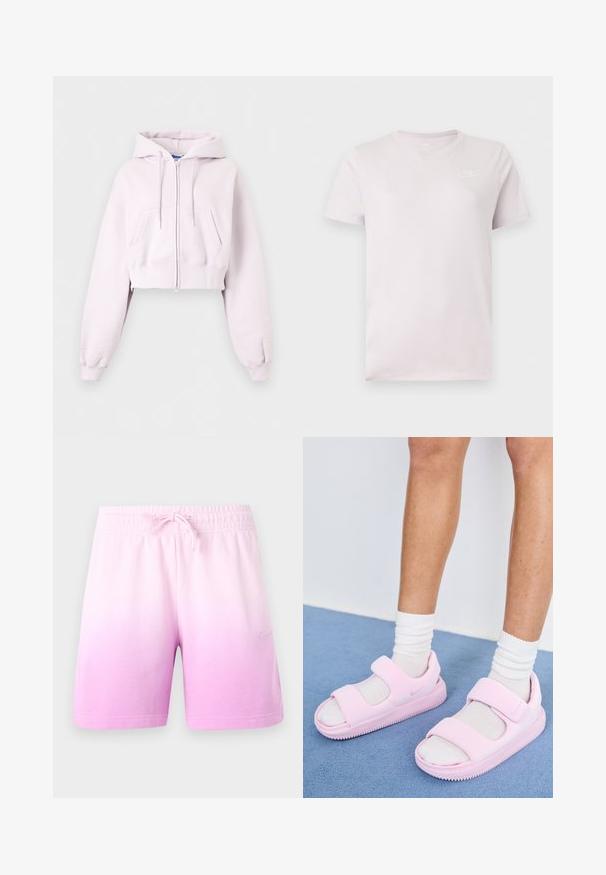Hele roosa lühike lukuga dressipluus ees taskute, nööriga kapuutsi ja soonikkoes varrukasäärtega, esitatud ühevärvilisel taustal.; Heleroosa lühikeste varrukatega Nike t-särk ümmarguse kaelusega ja väikese valge Nike logoga vasakul rinnal.; Hele-roosa gradientsega värvusega lühikesed püksid, elastse vöökohaga ja nööriga, Nike logo vasakul jalal, esitletud ühevärvilisel taustal.; Roosa spordisandaalid laia rihmaga ja avatud varba kujundusega, valmistatud pehmest materjalist, millel on tekstuuriga sisetald haardeks.