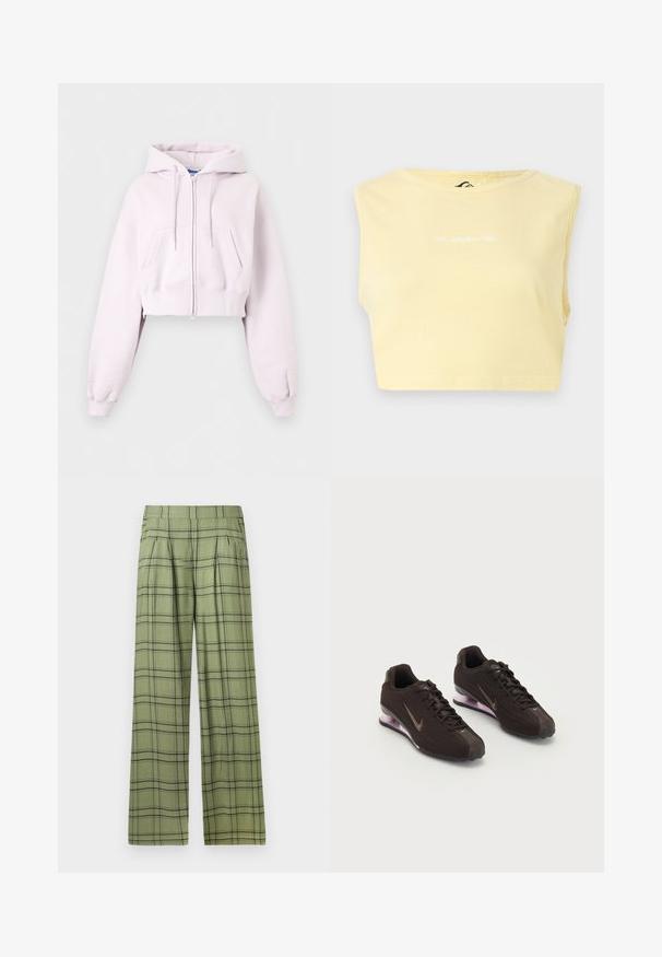 Sudadera corta con cremallera en color rosa claro, con bolsillos delanteros, capucha con cordón y puños de canalé, mostrada sobre un fondo liso.; Top amarillo recortado sin mangas con escote redondo y pequeño logo blanco de Quiksilver centrado en el frente.; Pantalones de pierna ancha en verde con un patrón de cuadros en negro, cintura alta, pliegues frontales y bolsillos laterales.; Zapatillas deportivas negras con parte superior texturizada, detalles en marrón y una suela acolchada de aire en púrpura. Diseño con cordones y marca destacada.