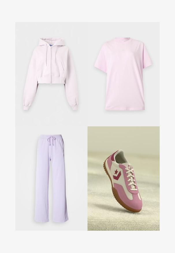 Lichtroze cropped zip-up hoodie met voorzakken, capuchon met trekkoord en geribbelde manchetten, afgebeeld op een effen achtergrond.; Lichtroze Nike T-shirt met korte mouwen en een ronde hals, met een klein wit Nike-logo in het midden van de borst, weergegeven op een effen achtergrond.; Lichte lavendelvrije wijde joggingbroek met een elastische tailleband, verstelbare trekkoorden en zijzakken. Zachte stof met een gladde textuur.; Roze en witte sneaker met rubberen, gestructureerde zool. Bevat een sterlogo en contrasterende accenten. Glad bovenwerk met vetersluiting.