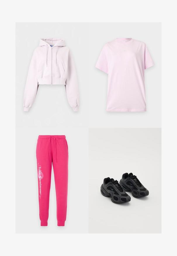 Lyserød cropped hoodie med lynlås, forlommer, snøretrækshætte og ribkant ved ærmerne vist på en ensfarvet baggrund.; Lyserød kortærmet Nike T-shirt med rund hals og et lille hvidt Nike-logo centreret på brystet, vist på en ensfarvet baggrund.; Lyserøde sweatpants lavet af blødt stof, med snor i taljen, tapered cuffs og hvid grafisk tekst på venstre ben.; Sorte Nike sneakers med mesh- og suede-paneler, unikke udsparinger og polstrede kraver. Skinnende accenter på siderne fremhæver et moderne design.