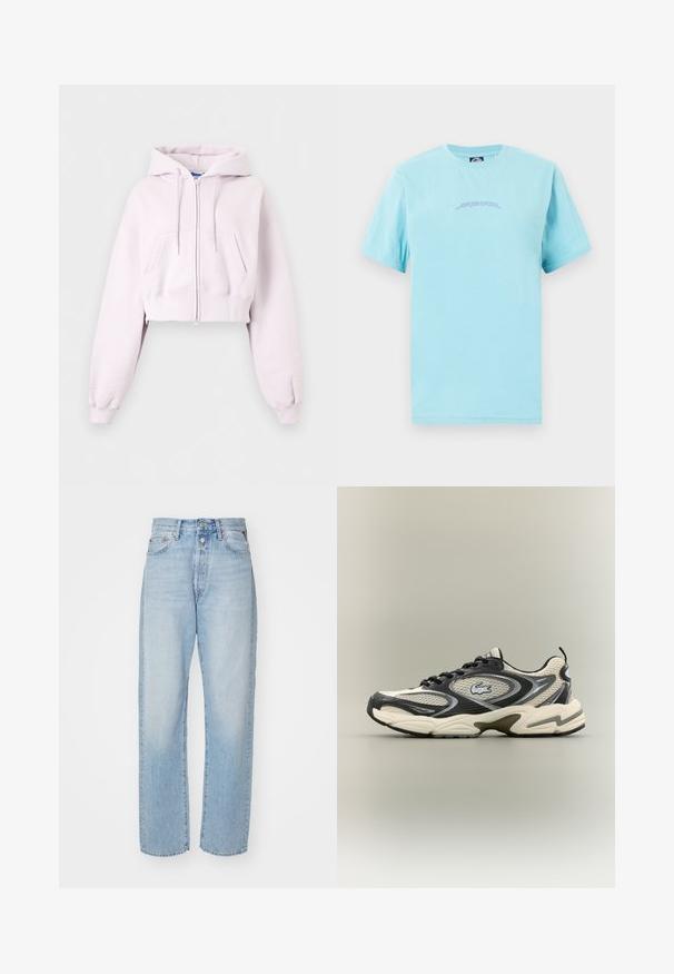 Hellrosa cropped Zip-Up Hoodie mit Fronttaschen, Kordelzugkapuze und gerippten Bündchen auf einfachem Hintergrund dargestellt.; Hellblaues T-Shirt mit kurzen Ärmeln und kleinem lila "Santa Cruz" Schriftlogo in der Mitte der Brust, flach auf weißem Hintergrund präsentiert.; Helleblaue Straight-Leg-Jeans aus Denim, mit hoher Taille, Fünf-Taschen-Design und Knopfverschluss.; Schwarze und beige Mesh-Sneaker mit gepolstertem Kragen, strukturiertem Obermaterial und auffälligem Logo an der Seite. Elegantes Design mit geschwungenem Sohlenverlauf.