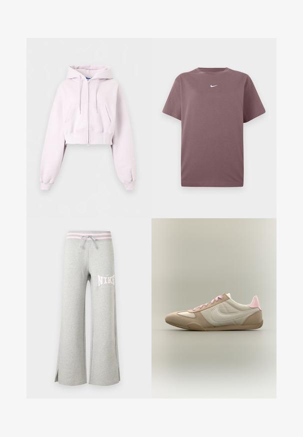 Lyserød cropped hoodie med lynlås, forlommer, snøretrækshætte og ribkant ved ærmerne vist på en ensfarvet baggrund.; En ensfarvet mauve kortærmet crewneck t-shirt med en lille hvid Nike swoosh centreret på brystet, præsenteret på hvid baggrund.; Lysegrå sweatpants med vide ben, pink stribet linning, snor, sideslidser og hvid Nike-logo på venstre lår.; Lavprofileret beige og hvid sneaker med lyserøde snørebånd og hælaccent, som viser Nike-swoosh på siden mod en ensfarvet baggrund.