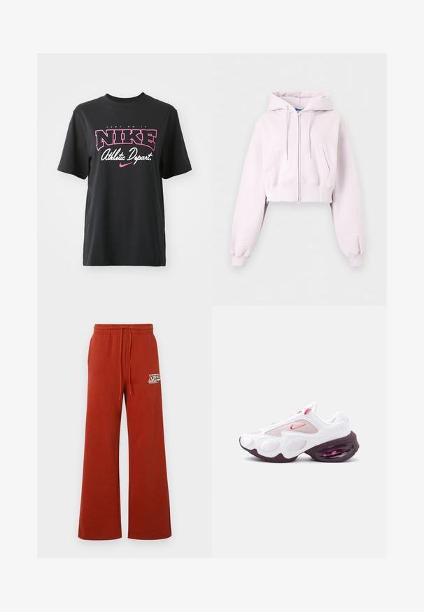Lichtroze cropped zip-up hoodie met voorzakken, capuchon met trekkoord en geribbelde manchetten, afgebeeld op een effen achtergrond.; Zwarte katoenen T-shirt met een grafische print in roze en wit met de tekst "JUST DO IT," "NIKE," en "Athletic Depart." Standaard pasvorm.; Rode wijde joggingbroek met elastische tailleband en trekkoord. Voorzien van een gedrukt Nike-logo aan de linkerkant. Zachte textuur, casual ontwerp.; Witte en roze sportschoen met meshpanelen, een roze Nike-swoosh en een dikke, donkerpaarse zool met zichtbare luchtvering.