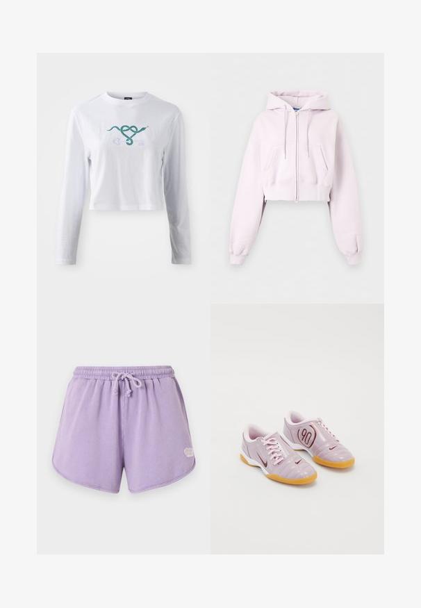 Lyserød cropped hoodie med lynlås, forlommer, snøretrækshætte og ribkant ved ærmerne vist på en ensfarvet baggrund.; Hvid langærmet cropped t-shirt i bomuld med et grønt slangemotiv, der er flettet sammen med et nøgledesign på fronten.; Bløde lavendel-terri-shorts med elastisk taljebånd og snøre, afrundet kant og lille hvidt logo på nederste højre side.; Lilla syntetiske atletik sko med en struktureret overdel, lyserøde snørebånd, en synlig rød '90' detalje og en gummisål.