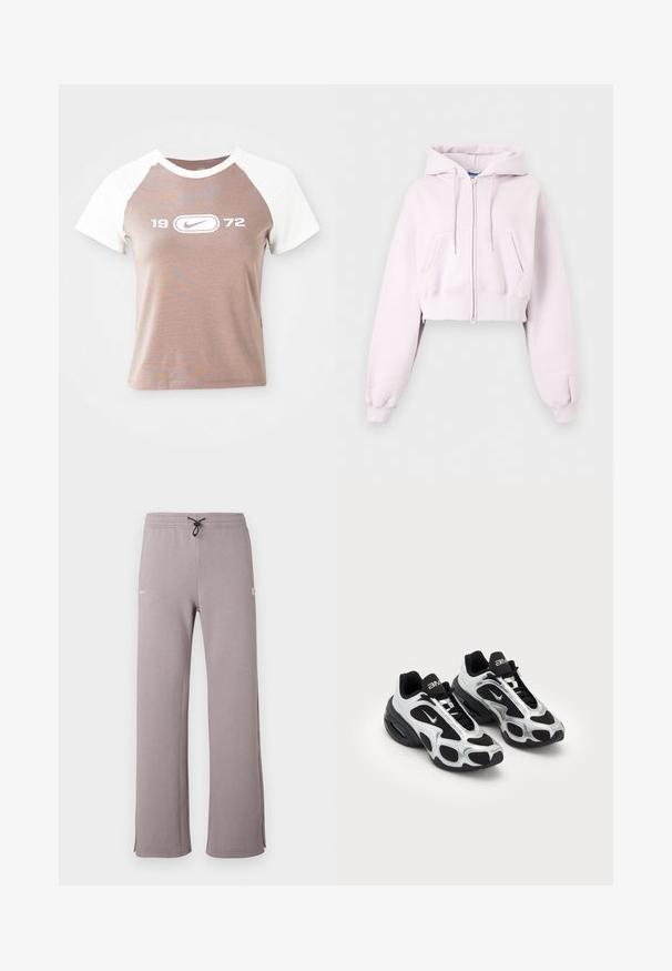 Hellrosa cropped Zip-Up Hoodie mit Fronttaschen, Kordelzugkapuze und gerippten Bündchen auf einfachem Hintergrund dargestellt.; Kurzarm-T-Shirt mit einem hellbraunen Körper und weißen Raglanärmeln, das ein großes weißes Grafiklogo und das Jahr "1972" in der Mitte auf der Vorderseite zeigt.; Graue Jogginghose mit einem Kordelzugbund, Seitenschlitzen und einem weißen Logo auf der linken Seite. Hergestellt aus weichem Stoff mit einem entspannten Schnitt.; Schwarze und silberne Sportschuhe mit einem Obermaterial aus Mesh und Synthetik, das ein markantes gewelltes Design aufweist und einen gepolsterten Schaft hat, sowie einer Luftpolsterung in der Sohle.
