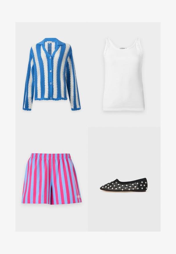 Cardigan en maille rayée bleu et blanc avec manches longues, boutons sur le devant et col, présentant un motif en maille ajourée et une étiquette Stine Goya.; Débardeur blanc côtelé sans manches avec bordure en dentelle sur les bretelles, doté d'un col rond.; Shorts à rayures verticales rose vif et bleu clair avec taille élastique et petit logo blanc sur la jambe inférieure droite.; Chaussure plate noire à bout pointu, en maille avec de grands pois argentés, et un petit nœud à l'avant. Tissu texturé.