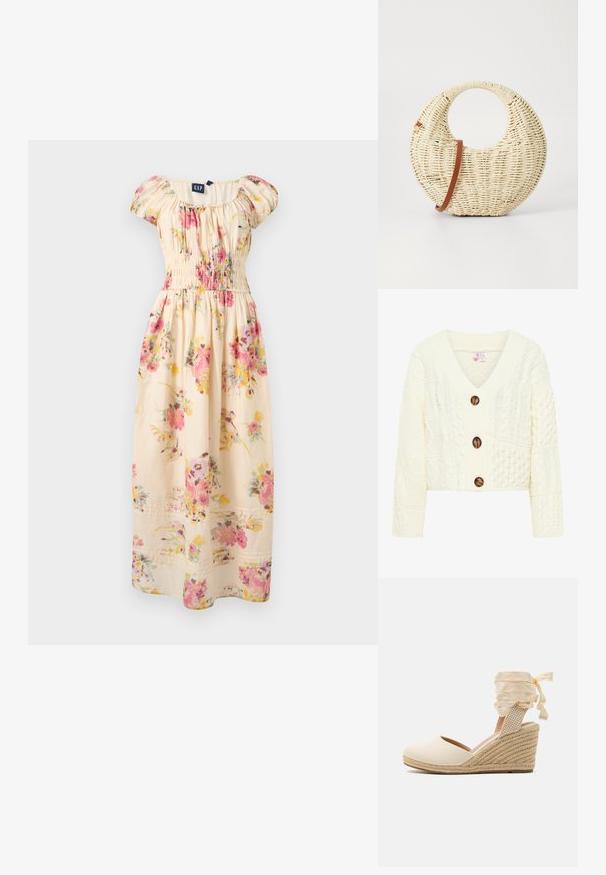 Cremefarvet strikket cardigan med V-udskæring, tre store brune knapper og et struktureret mønster med forskellige kabelstrik design.; Kremfarvet, off-shoulder, blomsterprintet maxi-kjole med lyserøde og gule blomster, puffede ærmer og indsnævret talje fra GAP.; Beige espadrille kile med overdel i kanvas, åben tå og bløde båndsnore. Teksturiseret jutekile med et fletmønster.; Rund flettet taske i naturligt strå med en tekstureret overflade. Har en glat brun læderrem og et cirkulært håndtag.