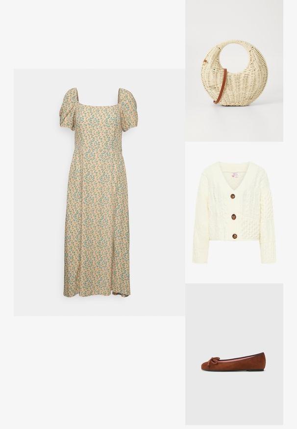 Gilet en tricot crème avec un col en V, trois grands boutons marron, et un motif texturé comprenant divers designs en torsades.; Even&Odd by Zalando Robe de jour - green/pink; Ballet flat en cuir suédé marron avec un bout arrondi, dotée d'un nœud décoratif à l'avant et d'une doublure intérieure rose contrastante. Semelle plate.; Sac à main tressé rond en paille naturelle avec une finition texturée. Dispose d'une bandoulière en cuir marron lisse et d'une poignée circulaire.