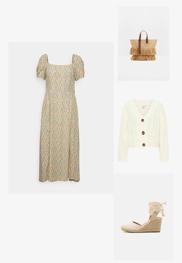 Cremefarvet strikket cardigan med V-udskæring, tre store brune knapper og et struktureret mønster med forskellige kabelstrik design.; Even&Odd by Zalando Hverdagskjole - green/pink; Beige espadrille kile med overdel i kanvas, åben tå og bløde båndsnore. Teksturiseret jutekile med et fletmønster.; Flettet stråtaske med to lag stråfringe og brune læderhåndtag, stående oprejst på en hvid overflade.