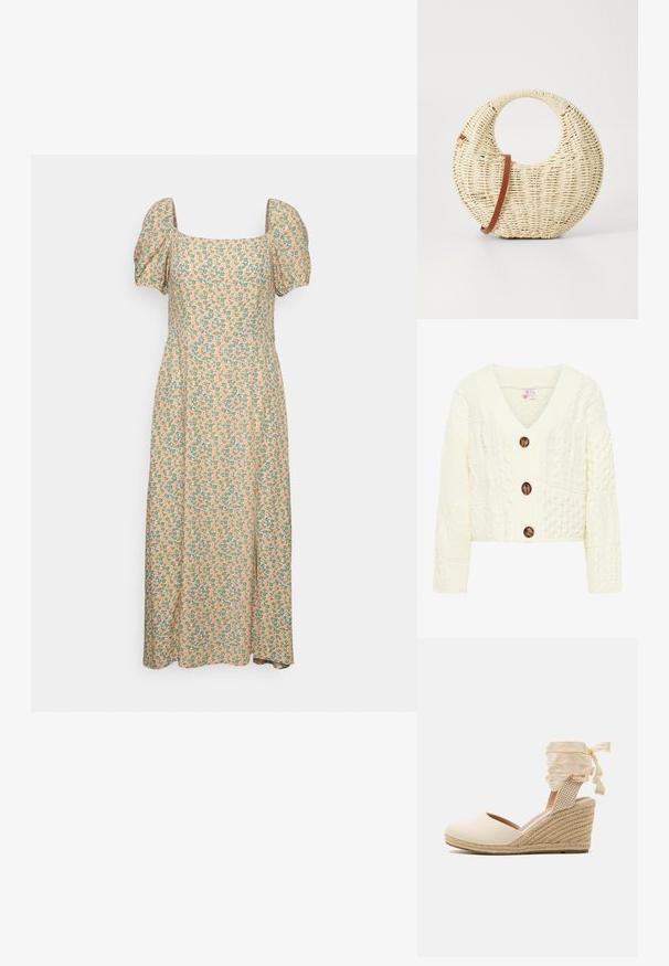 Cremefarvet strikket cardigan med V-udskæring, tre store brune knapper og et struktureret mønster med forskellige kabelstrik design.; Even&Odd by Zalando Hverdagskjole - green/pink; Beige espadrille kile med overdel i kanvas, åben tå og bløde båndsnore. Teksturiseret jutekile med et fletmønster.; Rund flettet taske i naturligt strå med en tekstureret overflade. Har en glat brun læderrem og et cirkulært håndtag.