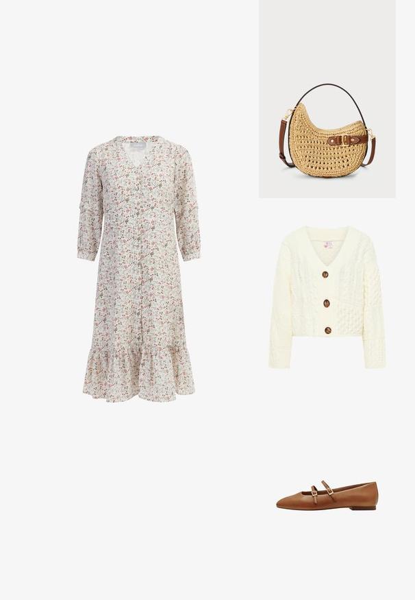 Gilet en tricot crème avec un col en V, trois grands boutons marron, et un motif texturé comprenant divers designs en torsades.; Robe florale en tissu léger. Dotée d'un décolleté en V, de manches trois-quarts et d'un ourlet volanté. Le motif comprend de petites fleurs rouges et vertes.; Ballet flats en cuir marron avec deux sangles ajustables, boucles carrées, design à bout pointu et semelle en caoutchouc plate. Texture lisse avec une finition mate.; Sac hobo en paille tissée avec une forme courbée, une sangle en cuir marron avec une boucle et une couleur beige naturel. Surface texturée avec des coutures visibles.