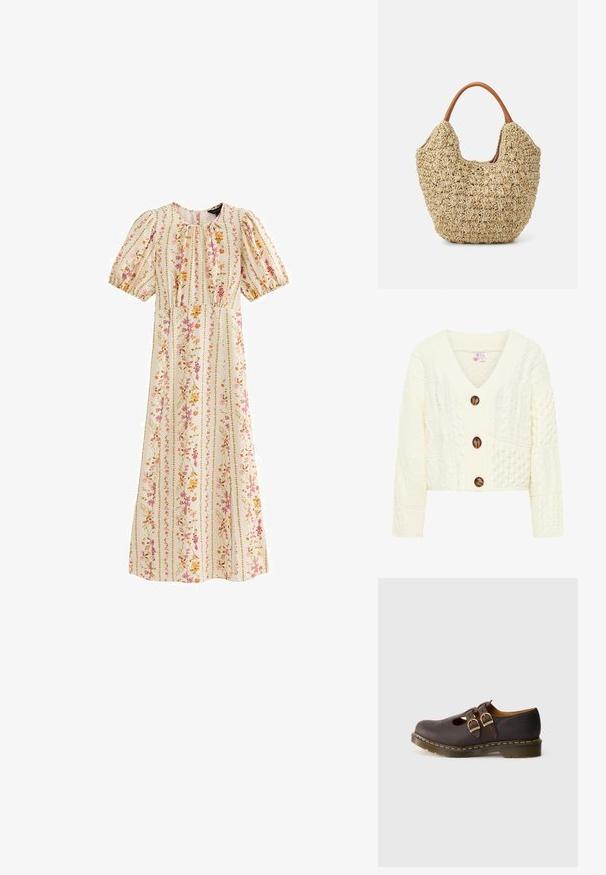 Crème gebreide cardigan met een V-hals, drie grote bruine knopen en een textuurpatroon met verschillende kabelbreipatronen.; Crèmekleurige midi-jurk met pofmouwen, ronde halslijn, aansluitende taille en verticale bloemenstrepen in roze, oranje en groene tinten.; Donkerbruin leren schoen met dubbele gespriemen, geperforeerd teendesign en dikke doorschijnende zool met gele stiksels.; Geweven rieten tas met een natuurlijke textuur en een zachte, organische vorm, met bruine leren handvatten voor eenvoudig dragen.