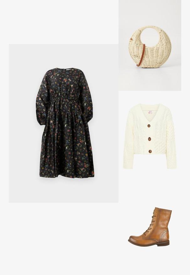 Cárdigan de punto en crema con cuello en V, tres grandes botones marrones y un patrón texturizado con varios diseños de trenzado.; Vestido negro con estampado floral, mangas largas, cintura fruncida y falda de volantes. Presenta un patrón floral colorido y una textura de tela suave.; Botas de cuero marrón hasta el tobillo con una textura suave, punta redondeada, seis ojales para cordones y un sutil logo grabado en el talón.; Bolso redondo trenzado en paja natural con un acabado texturizado. Presenta una correa de cuero marrón suave y un asa circular.