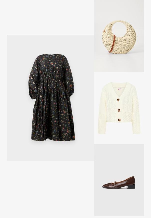 Cremefarvet strikket cardigan med V-udskæring, tre store brune knapper og et struktureret mønster med forskellige kabelstrik design.; Sort blomsterkjole med lange ærmer, indsnævret talje og lagdelt nederdel. Har et farverigt blomsterprint og en glat stoftekstur.; Mørkebrune patentlæder Mary Jane-sko med en firkantet sort lav hæl og sølvspænde, vist i profil på en hvid baggrund.; Rund flettet taske i naturligt strå med en tekstureret overflade. Har en glat brun læderrem og et cirkulært håndtag.