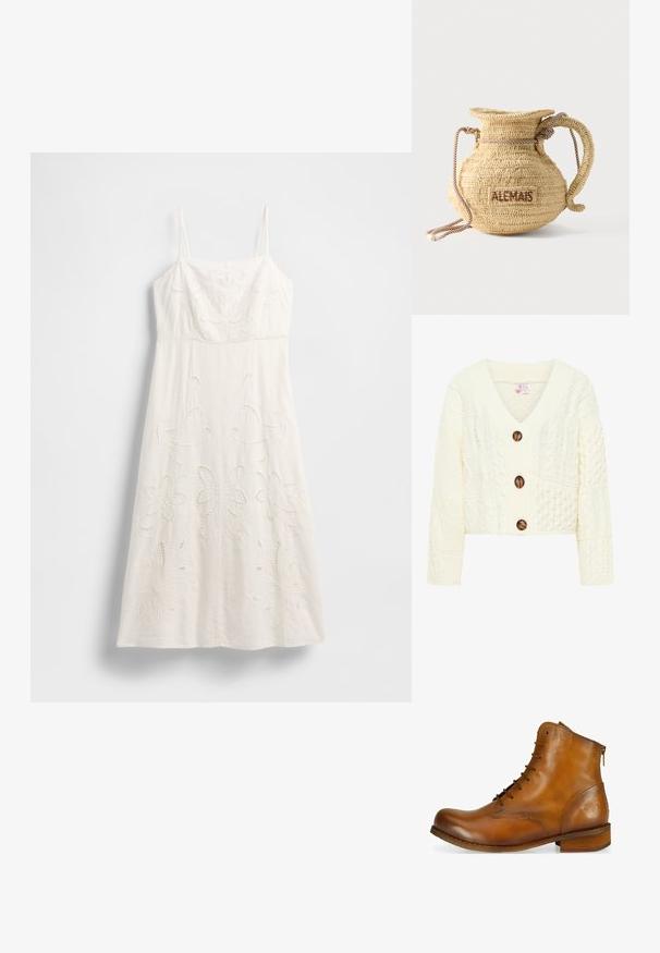 Cárdigan de punto en crema con cuello en V, tres grandes botones marrones y un patrón texturizado con varios diseños de trenzado.; Vestido blanco hasta la rodilla con tirantes finos, bordado floral y detalles recortados. Confeccionado con tela ligera y una silueta fluida.; Botín de cuero marrón hasta el tobillo con puntera redondeada, parte delantera con cordones, cremallera lateral y un tacón de madera bajo. Presenta un sutil logo grabado en el tacón.; Bolso redondo de paja tejido con asa de cuerda y "ALEMAIS" bordado en un lateral con hilo marrón.