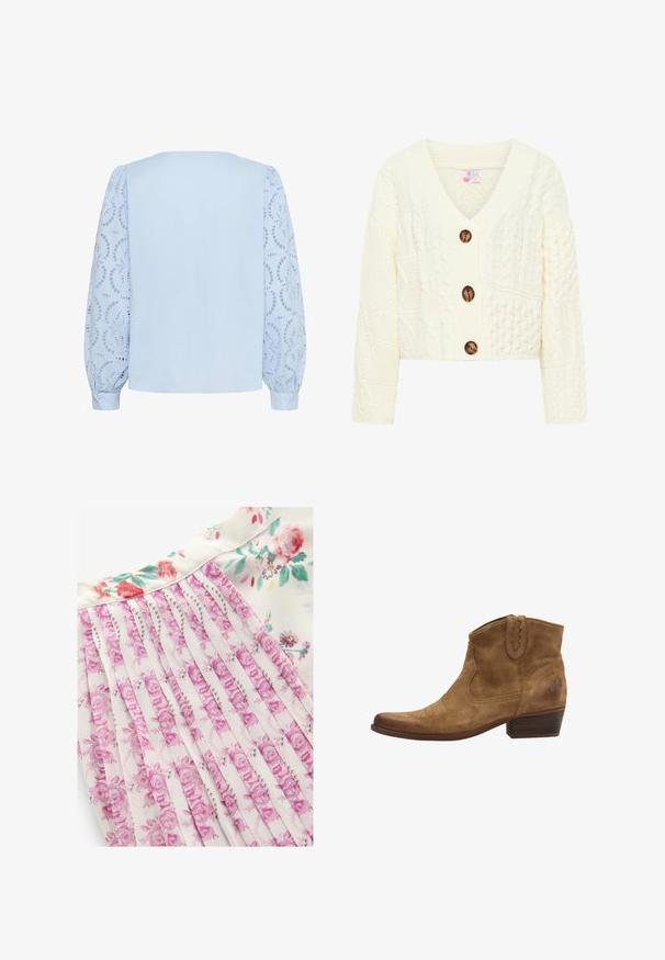 Cárdigan de punto en crema con cuello en V, tres grandes botones marrones y un patrón texturizado con varios diseños de trenzado.; Blusa azul claro con panel trasero sólido y mangas largas abullonadas de encaje con patrones circulares de flores recortadas y puños con botones.; Vestido floral con fondo blanco y patrones florales en tonos rosa y verde, diseño plisado y textura de tela suave.; Botas de tobillo de ante marrón con punta afilada, detalles de costura y un tacón apilado corto. Con elastano en los laterales para facilitar el uso.