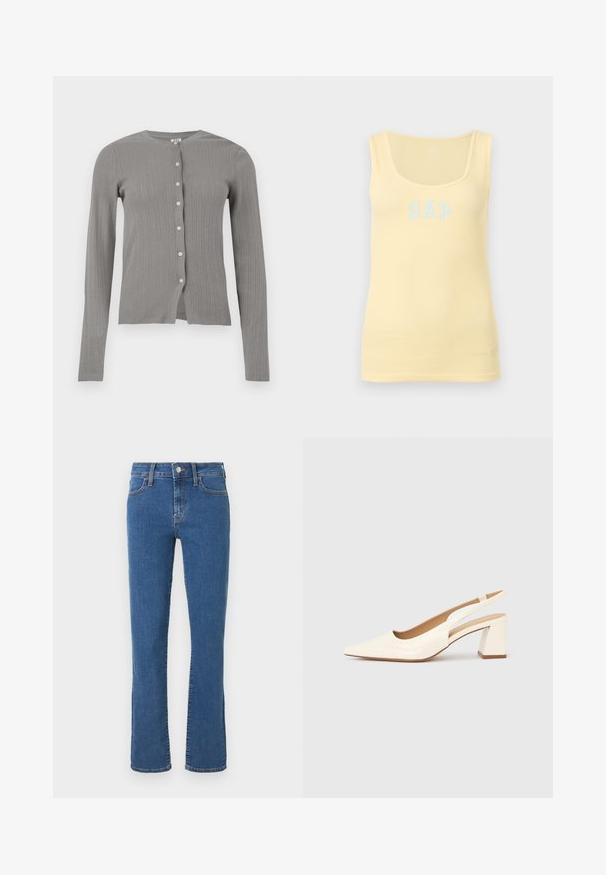 Cardigan en maille gris clair à manches longues avec petits boutons blancs et texture subtile à côtes verticales, présenté à plat sur fond blanc.; Débardeur pâle jaune à fines côtes, sans manches, avec un col en U et un logo GAP bleu clair centré sur le devant.; Jean en denim bleu à jambes droites avec fermeture bouton et fermeture éclair à l'avant, poches avant et arrière, et détails de coutures orange.; Escarpin slingback en cuir verni crème brillant, avec un bout pointu et un talon carré épais pour la stabilité. Design minimaliste, sans ornements.