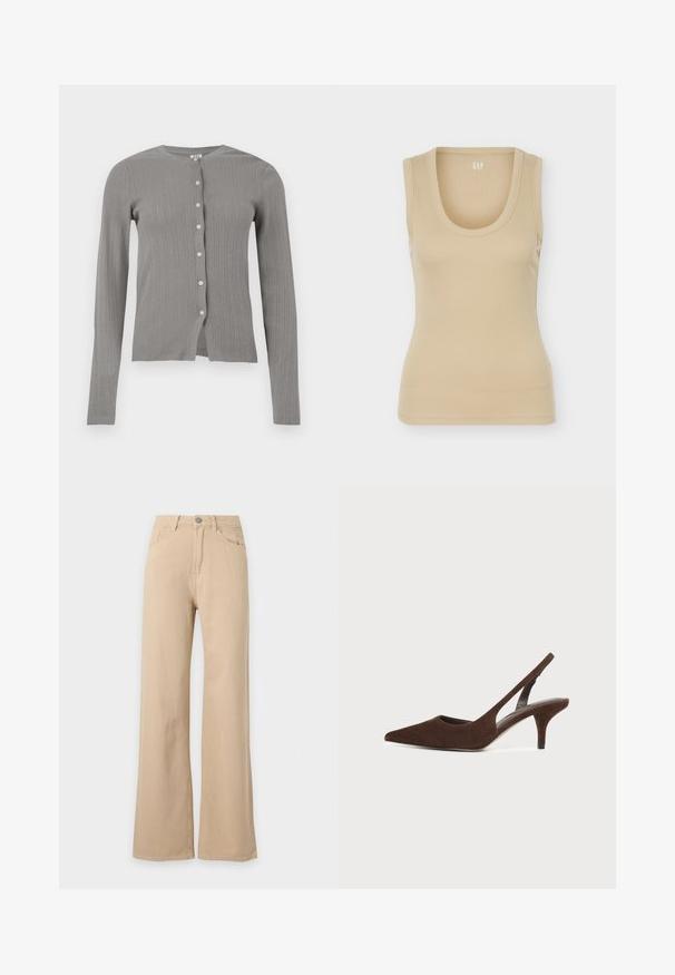 Cardigan en maille gris clair à manches longues avec petits boutons blancs et texture subtile à côtes verticales, présenté à plat sur fond blanc.; Débardeur beige côtelé sans manches avec encolure dégagée, coupe ajustée et logo GAP à l’intérieur de l’encolure arrière.; Pantalon beige taille haute, jambes larges, fermeture à boutons devant, poches avant et arrière, présenté sur fond blanc.; Escarpin slingback en daim brun foncé avec bout pointu et talon kitten sur un fond clair uni.