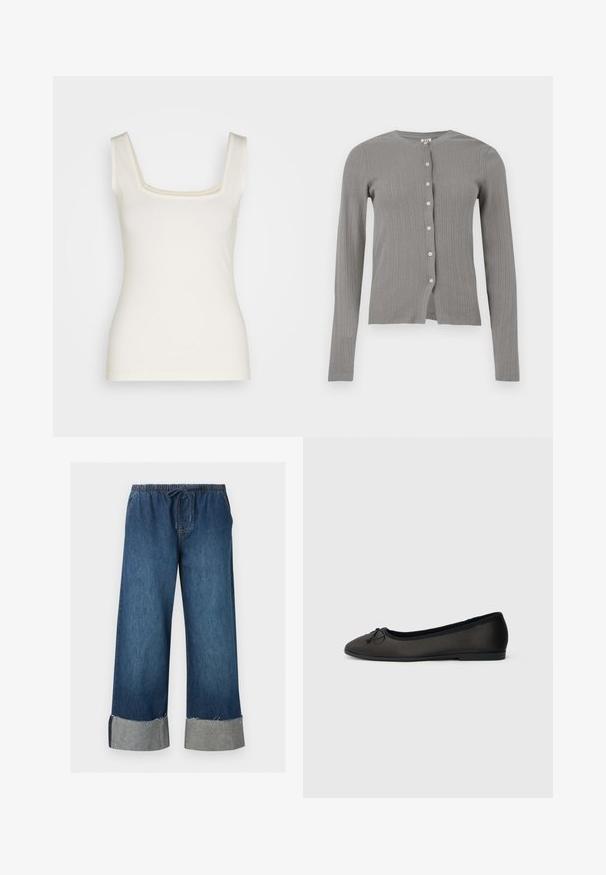Cardigan en maille gris clair à manches longues avec petits boutons blancs et texture subtile à côtes verticales, présenté à plat sur fond blanc.; Débardeur couleur crème avec un décolleté carré, des bretelles fines et une silhouette ajustée. Fabriqué en tissu doux et extensible. Pas de motifs ni d'accents.; Pantalon en jean bleu à jambes larges avec taille élastique et cordon de serrage, avec revers retroussés aux bords effilochés.; Ballerines noires avec une finition mate lisse, un bout arrondi et un nœud décoratif à l'avant. Elles présentent un talon bas et plat.