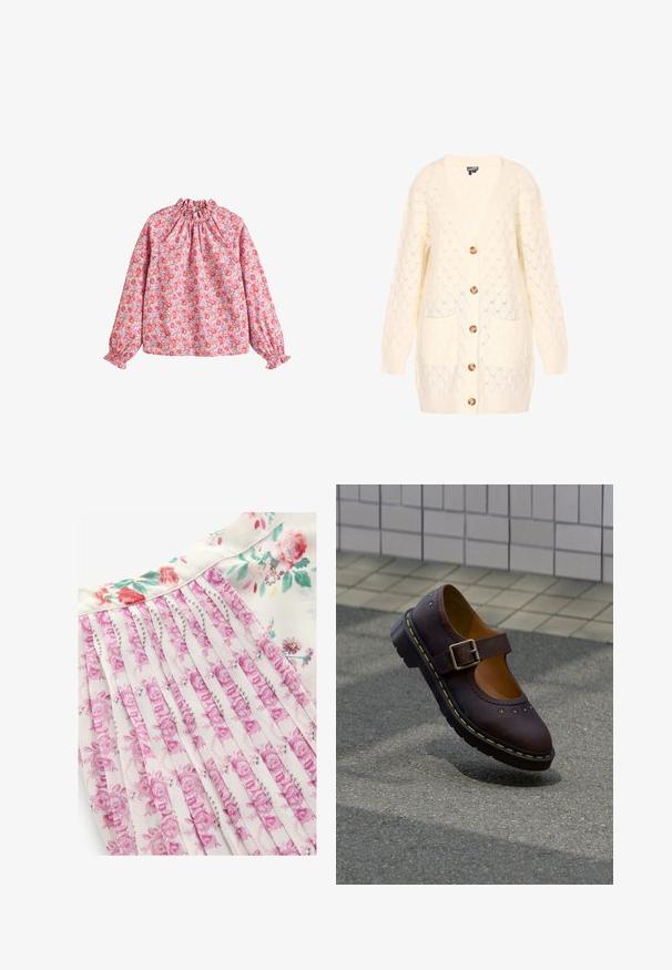 Crème-kleurige gebreide cardigan met een ruitpatroon, een V-hals, lange mouwen, twee voorzakken en houten knopen aan de voorkant.; Bloes met bloemenprint en een gerimpelde halslijn en manchetten, met een roze achtergrond en rode en paarse bloemen, gemaakt van lichtgewicht stof.; Bloemenjurk met een witte achtergrond en roze en groene bloemenpatronen, geplooid ontwerp en een gladde stofstructuur.; Donkerbruine leren Mary Jane-schoen met een gesp, bloemvormige uitsparingen en een dikke zwarte zool met gele stiksels, die op het trottoir naast een betegelde muur ligt.