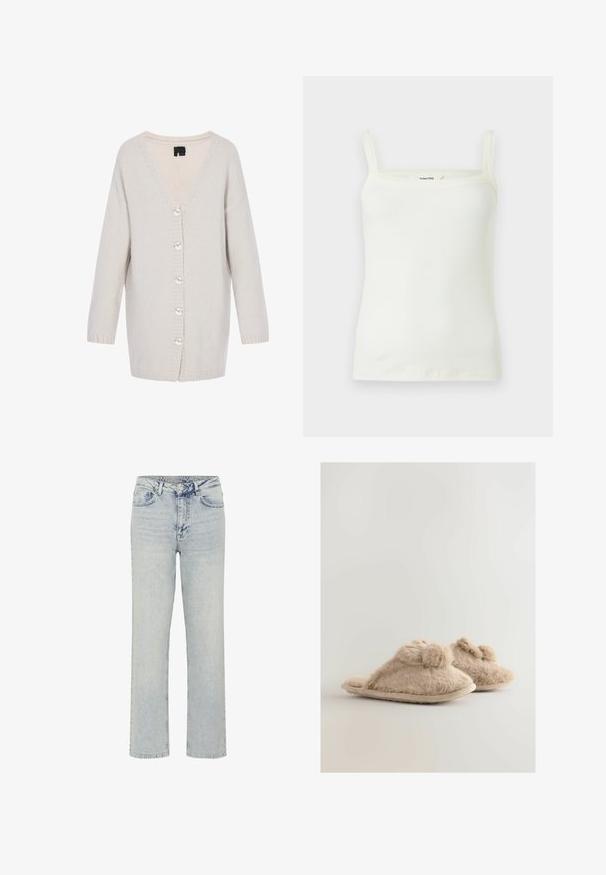 Lichtgrijze cardigan met een V-hals, lange mouwen en een knoopsluiting aan de voorkant met ronde knopen. Gehaakte textuur, ruime pasvorm.; Witte geribde gebreide tanktop met smalle schouderbandjes en een rechte halslijn, afgebeeld op een effen achtergrond.; My Essential Wardrobe MWWIDE 5 THE LOUIS - Relaxed fit jeans - light blue dirty wash; Beige bonten slippers met een zachte textuur, open teen ontwerp, pom pom accenten aan de voorkant en een neutraal gekleurde zool.