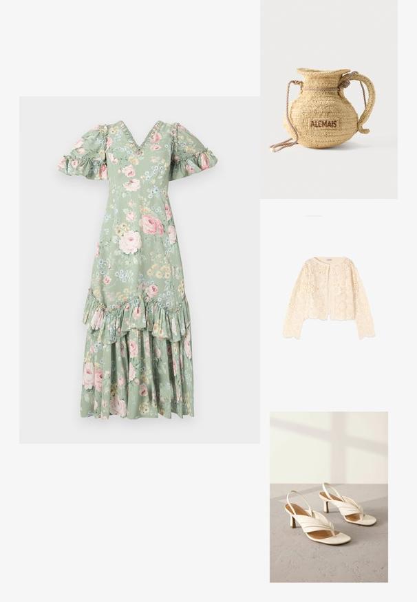 Cardigan en crochet crème à manches longues, motifs floraux, encolure ronde et bords festonnés, présenté sur fond blanc.; Robe maxi florale en vert doux avec un décolleté en V, des manches bouffantes, des accents en volants et un ourlet à plusieurs niveaux. Présente des roses roses et de petites fleurs bleues.; Talons slingback en cuir blanc avec un design avant torsadé, bout ouvert, et un talon bloc de hauteur moyenne. Texture lisse et accents minimaux.; Sac à main rond en paille tissée avec une anse en corde et "ALEMAIS" brodé sur le côté en fil marron.