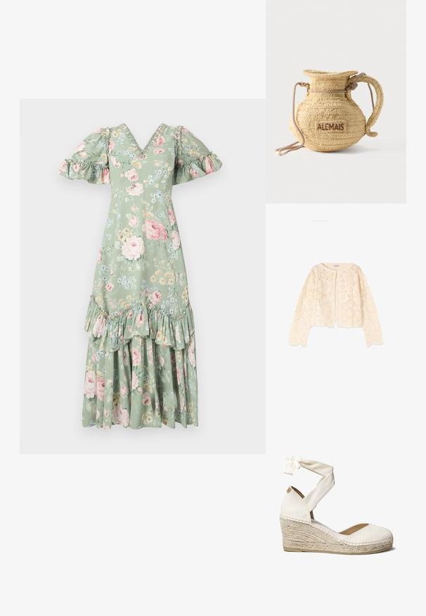 Crèmekleurige, lange mouwen gehaakte cardigan met bloemmotieven, ronde hals en gegolfde randen, afgebeeld op een witte achtergrond.; Floral maxi-jurk in zacht groen met een V-hals, pofmouwen, ruches en een gelaagde zoom. Bevat roze rozen en kleine blauwe bloemen.; Witte canvas wedge schoen met enkelbandje, jute-wrapped hak, ronde neus en een gebreide stoffen bovenkant. De wedge heeft een hoogte van ongeveer 7 cm.; Ronde gevlochten strohandtas met een handvat van touw en "ALEMAIS" geborduurd aan de zijkant in bruine draad.