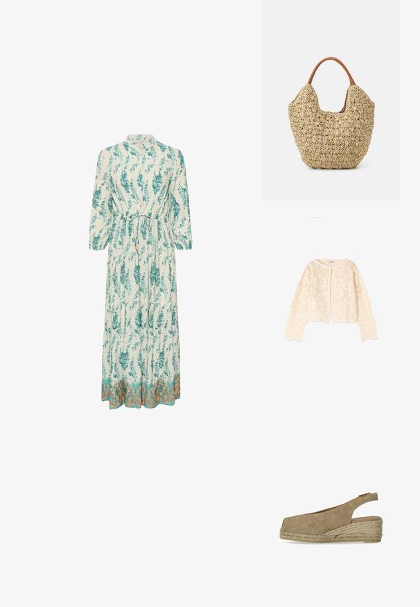 Crèmekleurige, lange mouwen gehaakte cardigan met bloemmotieven, ronde hals en gegolfde randen, afgebeeld op een witte achtergrond.; Lange, lichte jurk met een bloempatroon in teal en wit. Kenmerkt zich door een hoge halslijn, lange mouwen en een decoratieve gouden zoom.; Castañer DOSALIA - Espadrilles - sand; Geweven rieten tas met een natuurlijke textuur en een zachte, organische vorm, met bruine leren handvatten voor eenvoudig dragen.