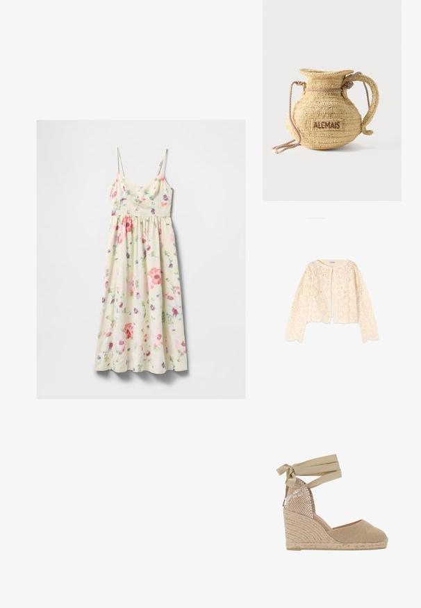 Crèmekleurige, lange mouwen gehaakte cardigan met bloemmotieven, ronde hals en gegolfde randen, afgebeeld op een witte achtergrond.; Crème mouwloze midi-jurk met een bloemenprint in roze, rood, paars en groen en dunne verstelbare schouderbandjes.; Beige espadrille wedge sandaal met een gestructureerde geweven stof bovenkant, veters voor de enkel en een met jute omhulde platformhak.; Ronde gevlochten strohandtas met een handvat van touw en "ALEMAIS" geborduurd aan de zijkant in bruine draad.
