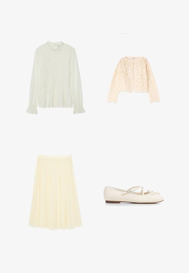 Cárdigan de crochet de manga larga color crema con patrones florales, escote redondo y bordes festoneados, exhibido sobre un fondo blanco.; Blusa blanca de manga larga con cuello volantes, cuerpo fruncido y puños acampanados, fabricada en tela texturizada con un dobladillo en peplum.; Falda midi de color crema con tela plisada ligera y cierre de cremallera en la cintura.; Bailarina de cuero color crema con punta redondeada, tiras cruzadas en el tobillo, pequeño lazo en la parte delantera y suela plana.