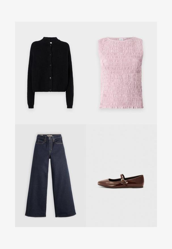 Zwart gebreid vest met een ronde hals, knoopsluiting aan de voorkant en lange mouwen. Geverweven stof met een cropped zoom.; Lichtroze mouwloos topje met geplooide, gerimpelde stoftextuur en een ronde halslijn.; Wijde denim jeans in donkerblauw met contrasterende stiksels. Bevat een traditionele vijf-pocketontwerp en een knoopsluiting in de taille.; Bruine gepatineerde leren balletschoen met een vierkante neus en een bandje met een kleine gouden gesp. Gladde textuur, lage hak en minimalistisch ontwerp.