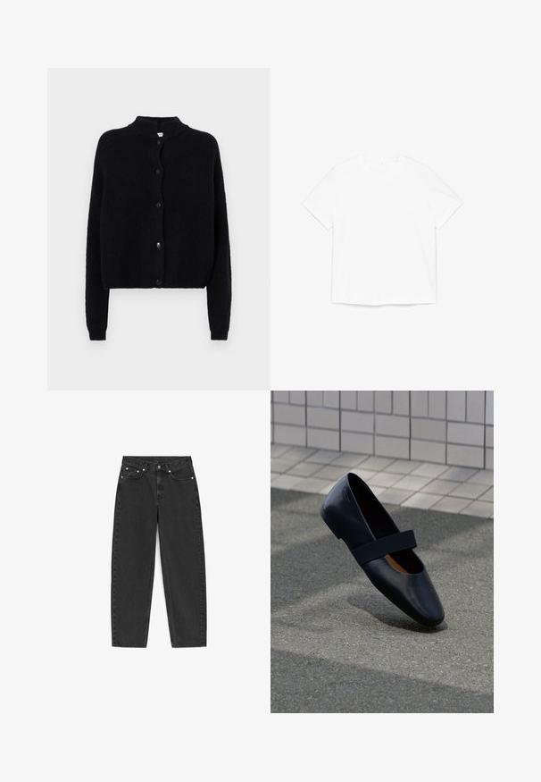 Cardigan noir en tricot avec un col rond, fermeture à boutons sur le devant et manches longues. Tissu texturé avec un bas court.; T-shirt blanc uni à manches courtes et col rond, étalé à plat sur un fond blanc.; Jean noir taille haute à jambes droites avec cinq poches, fermeture à bouton et coutures visibles sur fond blanc.; Chaussure plate en cuir noir avec un bout arrondi, dotée d'une douce sangle élastique noire sur le cou-de-pied. Texture lisse et design minimaliste.