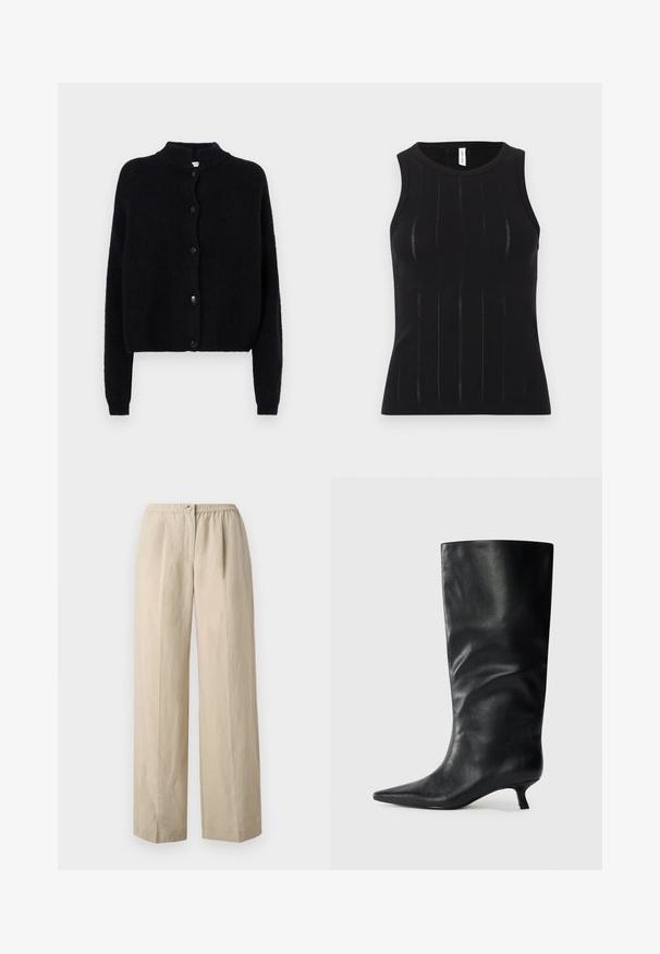Cardigan noir en tricot avec un col rond, fermeture à boutons sur le devant et manches longues. Tissu texturé avec un bas court.; Haut noir sans manches avec une texture côtelée à lignes verticales et des découpes subtiles. Col arrondi et coupe ajustée.; Pantalons larges beiges en tissu doux avec une taille élastique froncée et une fermeture à bouton à l'avant. Texture lisse avec des plis.; Bottes en cuir noires jusqu'aux genoux avec un bout pointu et un petit talon, présentées sur un fond clair.