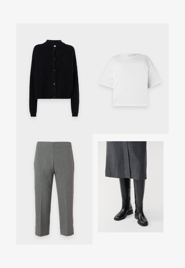 Sort strikjakke med rund hals, frontknaplukning og lange ærmer. Struktureret stof med cropped kant.; Hvid cropped t-shirt lavet af glat bomuld, med rund hals og korte, brede ærmer. Enkel, ren design uden synlige mønstre.; Grå stribede bukser med en tapered design, der har en glat overflade og en cropped længde. Ingen synlige lukninger eller lommer.; Knæhøje sorte læderstøvler med en glat tekstur, lynlåse i siden og en flad sål. Støvlerne har et struktureret skaft og minimalt hardware.