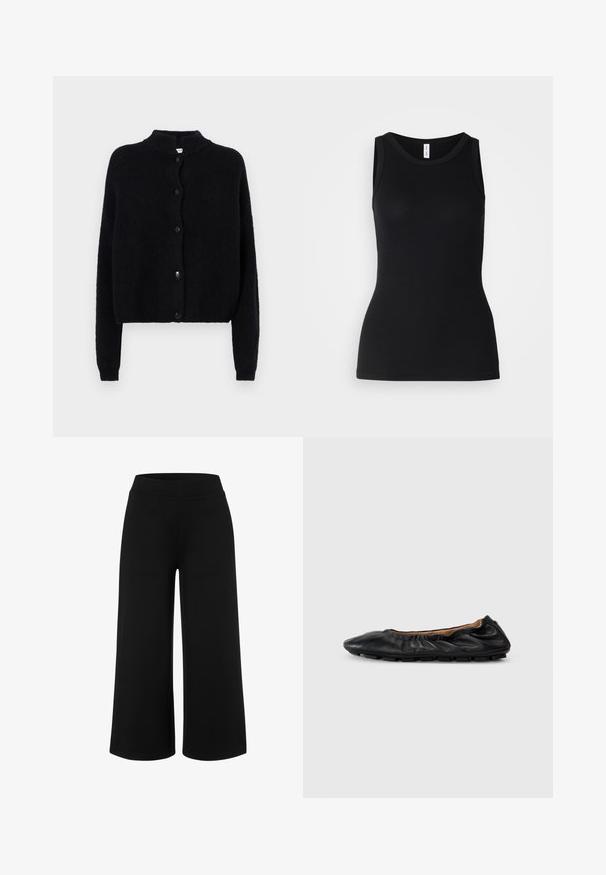 Cardigan noir en tricot avec un col rond, fermeture à boutons sur le devant et manches longues. Tissu texturé avec un bas court.; Débardeur noir sans manches en tissu côtelé, avec un col rond et une coupe ajustée, à la texture douce et sans motifs.; Culottes larges noires en tissu doux et extensible. Dotées d'une taille haute et d'une texture lisse sans motifs ni éléments visibles.; Ballerines en cuir noir avec des détails froncés au col, bout rond et semelle en caoutchouc flexible. Texture lisse dans l'ensemble.