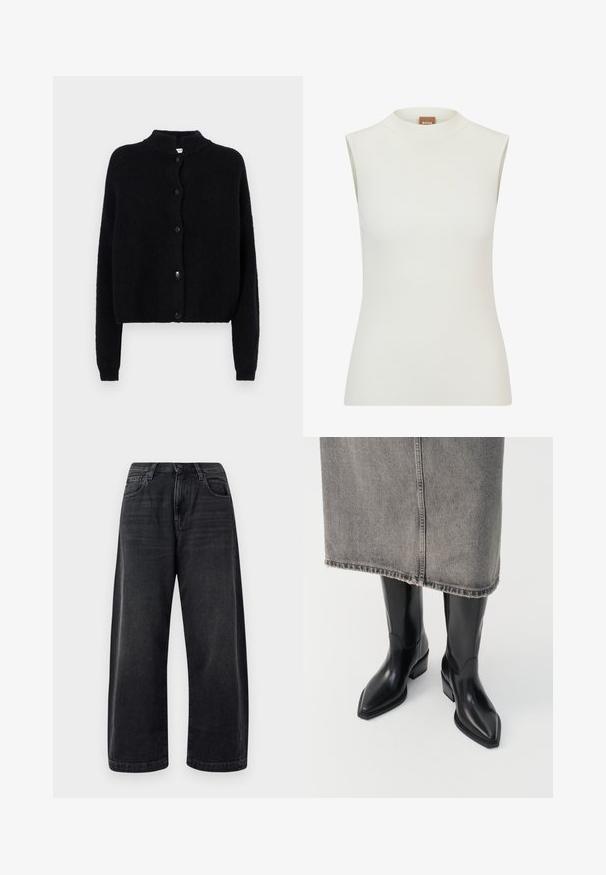 Zwart gebreid vest met een ronde hals, knoopsluiting aan de voorkant en lange mouwen. Geverweven stof met een cropped zoom.; Witte, mouwloze top met een hoge halslijn, met een geribbeld textuur en een getailleerd ontwerp. Merkenlabel "BOSS" zichtbaar op de kraag.; Wijde zwarte jeans van denim, met een klassiek vijf-pocket ontwerp, subtiele vervaging en een knoopsluiting bij de tailleband.; Zwarte leren cowboylaarzen met een spitse neus en een dikke hak, met een gladde afwerking en een strak ontwerp, gecombineerd met een grijze rok.