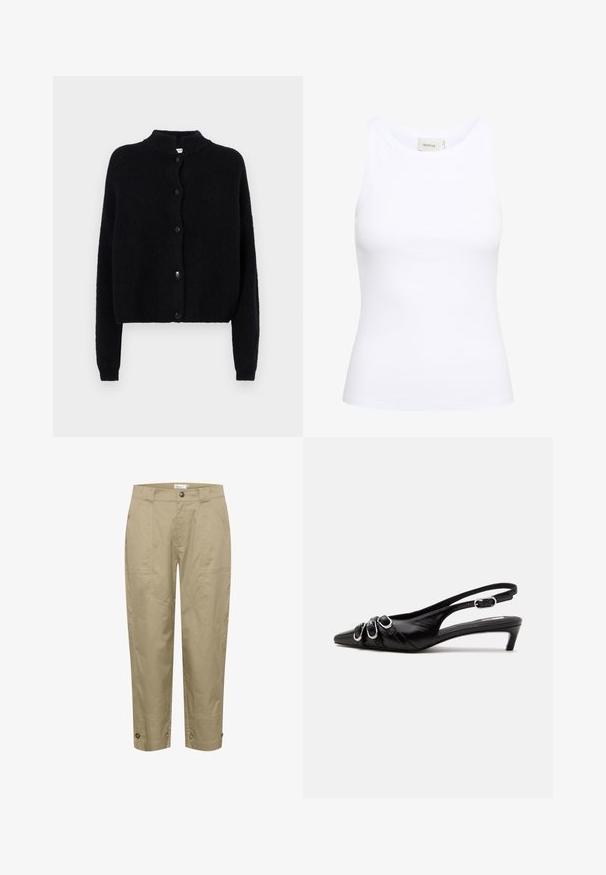 Sort strikjakke med rund hals, frontknaplukning og lange ærmer. Struktureret stof med cropped kant.; Hvid ribbet tanktop med rund halsudskæring og uden ærmer. Strækbart stof og tætsiddende design. Etiketten bagpå viser "GESTUZ."; Beige, lette bukser med lige pasform, der har sidelommer og knapdetaljer i kanten for justerbar pasform og stil.; Sort læder slingback sko med spids tå, tre sølvspænder på forsiden og lav lille hæl på hvid baggrund.