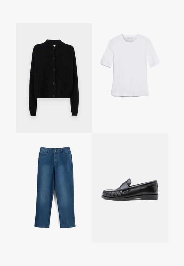 Sort strikjakke med rund hals, frontknaplukning og lange ærmer. Struktureret stof med cropped kant.; Hvid kortærmet t-shirt lavet af ribbet stof. Rund halsudskæring, almindelig pasform og subtile syninger. Ingen mønstre eller grafik.; Seasalt Cornwall Mom-jeans - mid wash tide; Sorte læderloafers med rundet tå, karakteristisk syning og en dekorativ rem over vampen. Glat finish og lav hæl.