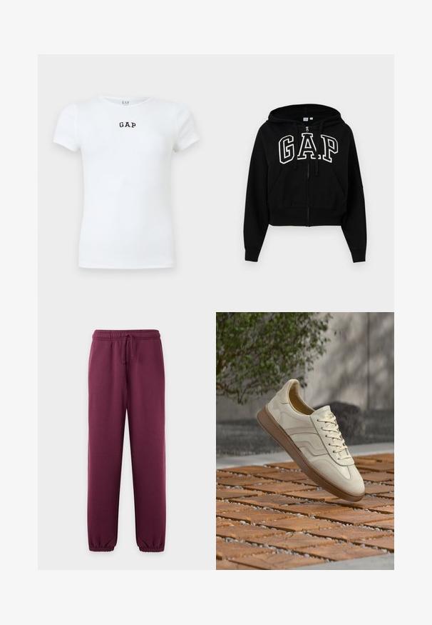 Μαύρο cropped φούτερ με φερμουάρ, κορδόνια, μπροστινές τσέπες και μεγάλο λευκό λογότυπο GAP στο στήθος.; Λευκό ριμπ κοντομάνικο μπλουζάκι με μαύρο λογότυπο "GAP" στο κέντρο κάτω από το λαιμό στο μπροστινό μέρος.; Σκούρο μοβ φόρμα με ελαστική μέση και κορδόνι, στενές μπατζάκια και ελαστικά μανσέτες στους αστραγάλους.; Αθλητικό παπούτσι σε κρεμ απόχρωση με ανάγλυφη μπεζ σόλα από καουτσούκ, σχέδιο με κορδόνια και διακριτικό λογότυπο στο πλάι. Ανώτερο μέρος από λείο δέρμα.