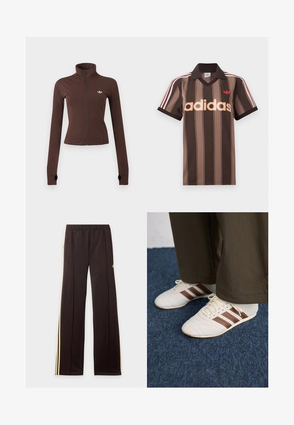 Hnedá bunda na zips s vysokým golierom, dlhými rukávmi s otvorom na palce a malým bielym logom Adidas na ľavej strane hrudníka.; Hnedé prúžkované polo tričko Adidas s výstrihom do V, bordovým golierom a červeným logom. Má bielo-červené pruhy na ramenách a krátke rukávy.; Čierne tepláky so žltými bočnými pruhmi, elastickým pásom, bočnými vreckami na zips a malým logom na hornej časti stehna.; Biele tenisky s hnedými pruhmi nosené s hnedými nohavicami na modrom kobercovom podlahe.