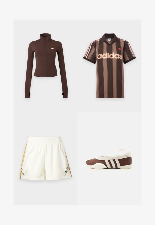 Veste marron zippée avec col haut, manches longues avec trous pour les pouces, et petit logo blanc Adidas sur la poitrine gauche.; Polo Adidas rayé marron avec col en V, col bordeaux, et logo rouge. Comprend des rayures blanches et rouges sur les épaules, manches courtes.; Shorts de sport couleur crème avec des rayures latérales dorées et de petites fleurs brodées vertes, jaunes et blanches près de l'ourlet des deux côtés.; Chaussure plate de ballet marron et blanche avec trois bandes blanches et un nœud à nouer à la cheville sur un fond clair uni.