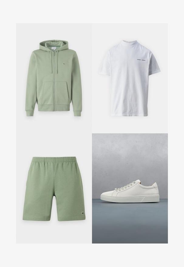 Lichtgroene rits hoodie gemaakt van zachte stof. Bevat een capuchon met trekkoord, marsupiao pockets en een klein logo op de borst.; Witte katoenen t-shirt met een hoge hals en korte mouwen. Voorzien van het 'SAMSØE SAMSØE' logo in het zwart op de voorkant. Glad van textuur.; Groene katoenen shorts met een elastische tailleband, ontspannen pasvorm en een klein geborduurd logo aan de onderkant aan de linkerzijde. Gladde textuur, geen zakken.; Witte leren sneaker met een ronde neus, minimalistisch ontwerp, grijze veters en een gestructureerde grijze rubberen zool. Fijne stikdetails zichtbaar.