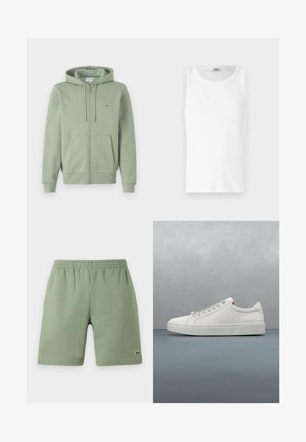 Lys grøn zip-up hoodie lavet af blødt stof. Har en hætte med snoretræk, kenguruposer og et lille logo på brystet.; Hvid bomulds tanktop uden ærmer med rund halsudskæring og en glat tekstur. Enkel design, ingen mønstre eller accenter.; Grønne bomuldsshorts med elastisk talje, afslappet pasform og et lille broderet logo på nederste venstre side. Glat tekstur, ingen lommer.; Hvid lædersneaker med rund tå, minimalistisk design, grå snørebånd og en tekstureret grå gummisål. Subtile syningsdetaljer er synlige.