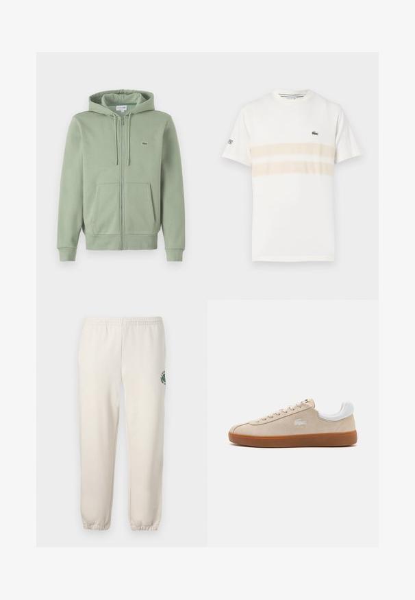 Sudadera con cremallera de color verde claro, hecha de tejido suave. Presenta una capucha con cordones, bolsillos tipo canguro y un pequeño logo en el pecho.; Camiseta de algodón blanca con dos franjas horizontales beige, pequeño logo bordado en el pecho y cuello redondo. Mangas cortas.; Pantalones de chándal de color beige claro, hechos de algodón, con una cinturilla elástica, puños acanalados y un logo verde con diseño de hoja en la pierna izquierda.; Zapatilla de ante beige con detalles en cuero blanco, cierre de cordones plano, suela de goma y logo bordado. La vista lateral muestra un diseño aerodinámico.